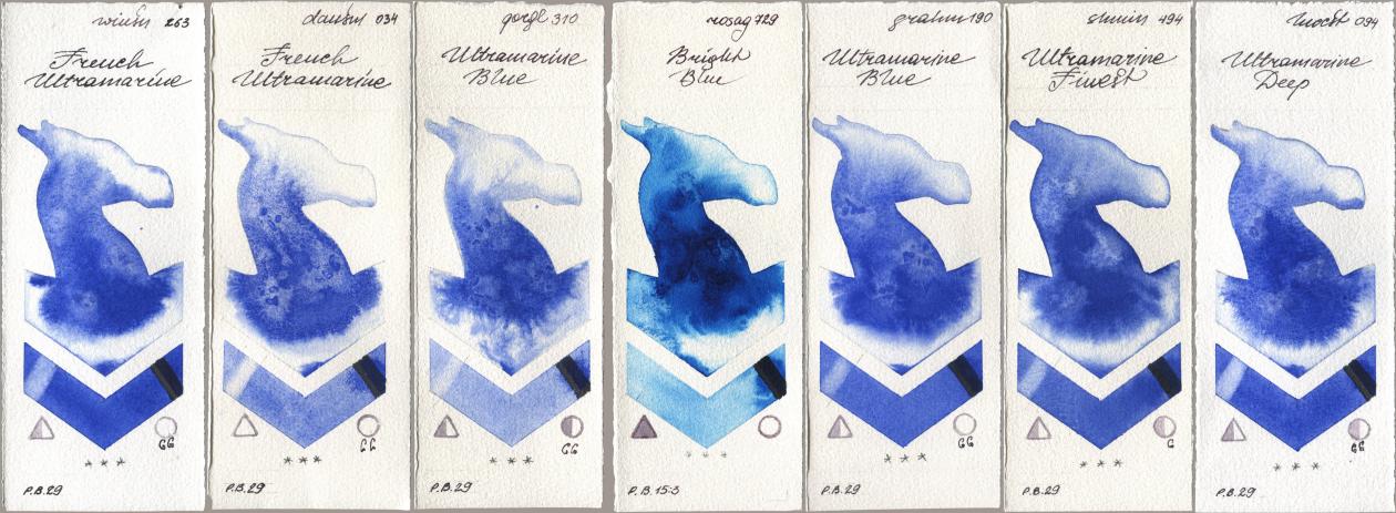 Winsor & Newton Professional 263 French Ultramarine, Daniel Smith 034 French Ultramarine, Golden QOR 310 Ultramarine Blue, Rosa Gallery 729 Bright Blue, M. Graham & Co. Artists 190 Ultramarine Blue, Shminke Horadam Aquarell 494 Ultramarine Finest, Holbein Artists Watercolor 094 Ultramarine De watercolor swatch