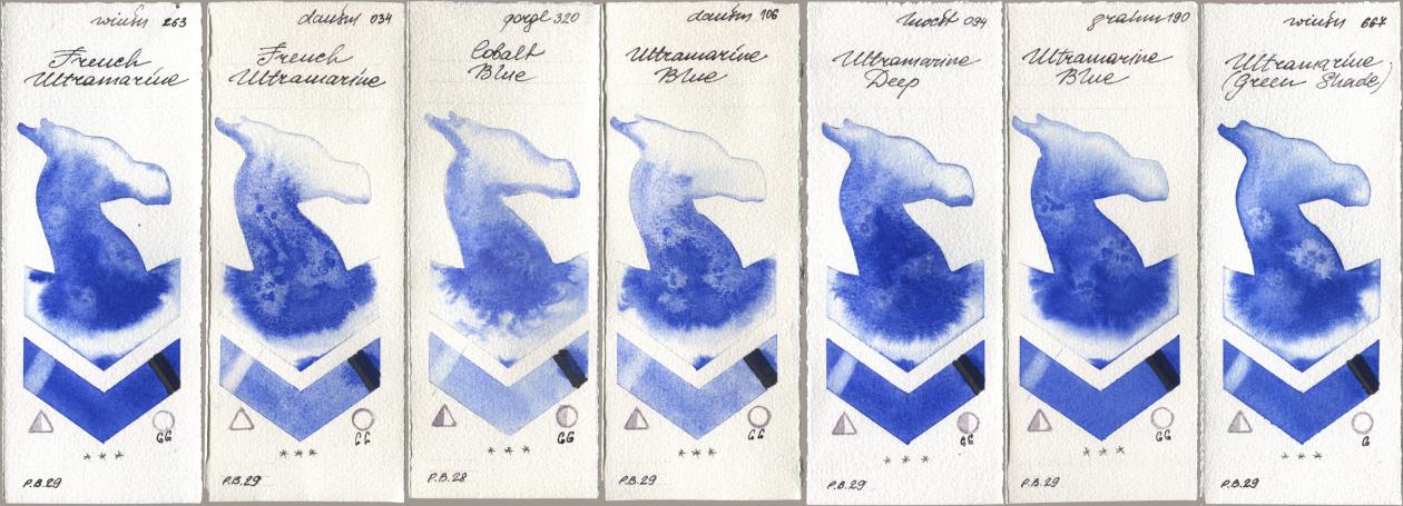 Winsor & Newton Professional 263 French Ultramarine, Daniel Smith 034 French Ultramarine, Golden QOR 320 Cobalt Blue, 106 Ultramarine Blue, Holbein Artists Watercolor 094 Ultramarine Deep, M. Graham & Co. Artists 190 Ultramarine Blue, 667 Ultramarine (Green Shad watercolor swatch