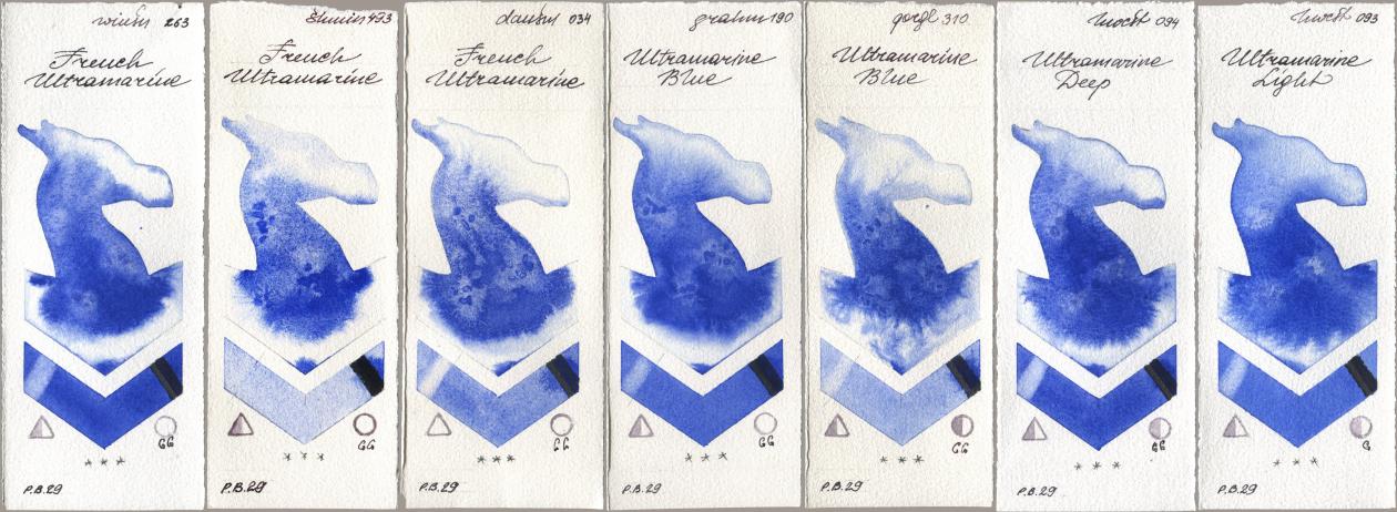 Winsor & Newton Professional 263 French Ultramarine, Shminke Horadam Aquarell 493 French Ultramarine, Daniel Smith 034 French Ultramarine, M. Graham & Co. Artists 190 Ultramarine Blue, Golden QOR 310 Ultramarine Blue, Holbein Artists Watercolor 094 Ultramarine Deep, 093 Ultramarine Lig watercolor swatch