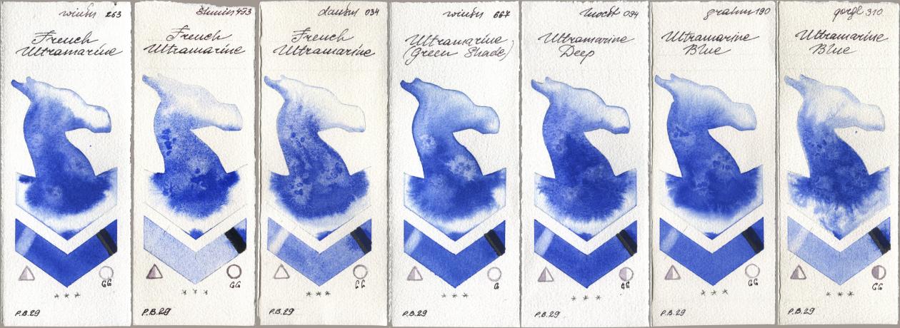 Winsor & Newton Professional 263 French Ultramarine, Shminke Horadam Aquarell 493 French Ultramarine, Daniel Smith 034 French Ultramarine, 667 Ultramarine (Green Shade), Holbein Artists Watercolor 094 Ultramarine Deep, M. Graham & Co. Artists 190 Ultramarine Blue, Golden QOR 310 Ultramarine Bl watercolor swatch