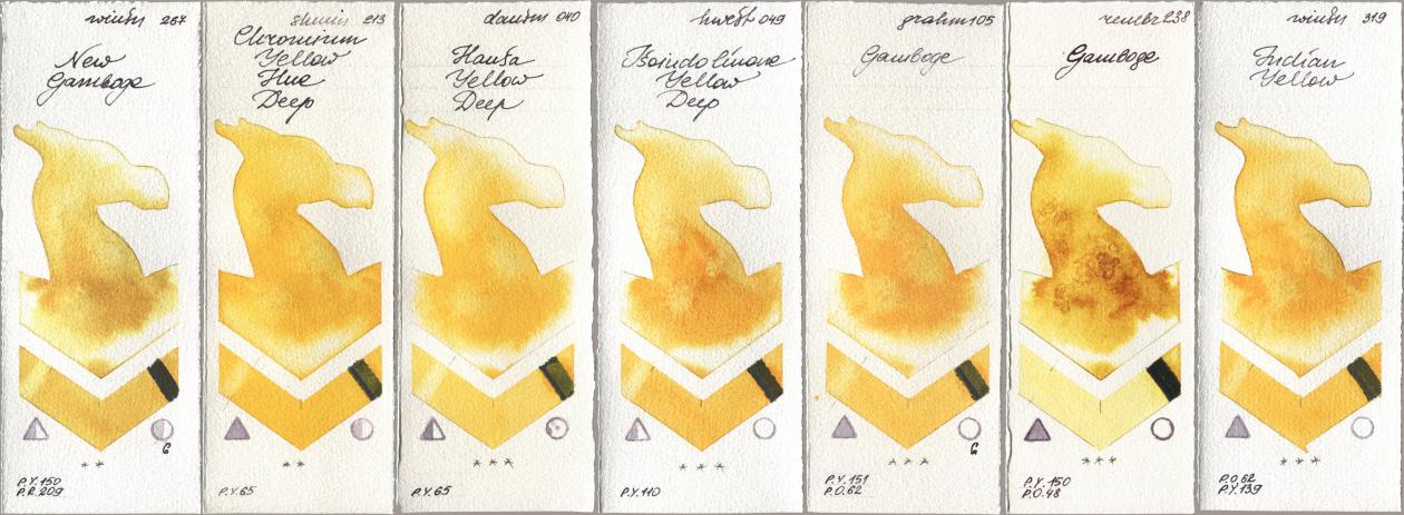 Winsor & Newton Professional 267 New Gamboge, Shminke Horadam Aquarell 213 Chrome Yellow Deep LF (Chromium Yellow Hue Deep), Daniel Smith 040 Hansa Yellow Deep, Holbein Artists Watercolor 049 Isoindolinone Yellow Deep, M. Graham & Co. Artists 105 Gamboge, Royal Talens Rembrandt Watercolour 238 Gamboge, 319 Indian Yell watercolor swatch