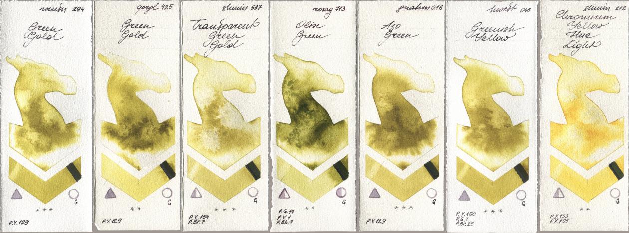 Winsor & Newton Professional 294 Green Gold, Golden QOR 425 Green Gold, Shminke Horadam Aquarell 537 Transparent Green Gold, Rosa Gallery 713 Olive Green, M. Graham & Co. Artists 016 Azo Green, Holbein Artists Watercolor 046 Greenish Yellow, 212 Chromium Yellow Hue Lig watercolor swatch