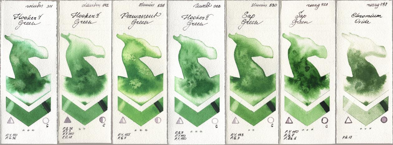Winsor & Newton Professional 311 Hookers Green, Daniel Smith 042 Hookers Green, Shminke Horadam Aquarell 526 Permanent Green, Holbein Artists Watercolor 062 Hookers Green, 530 Sap Green, Rosa Gallery 728 Sap Green, 743 Chromium Oxi watercolor swatch