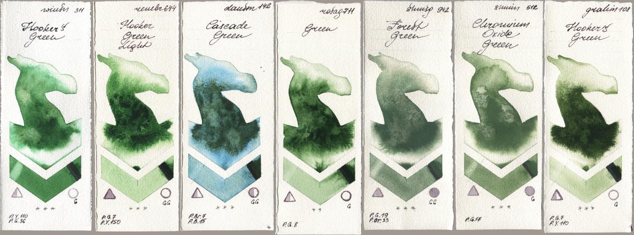 Winsor & Newton Professional 311 Hookers Green, Royal Talens Rembrandt Watercolour 644 Hooker Green Light, Daniel Smith 142 Cascade Green, Rosa Gallery 711 Green, Shminke Horadam Aquarell 942 Forest Green, 512 Chromium Oxide Green, M. Graham & Co. Artists 108 Hookers Gre watercolor swatch