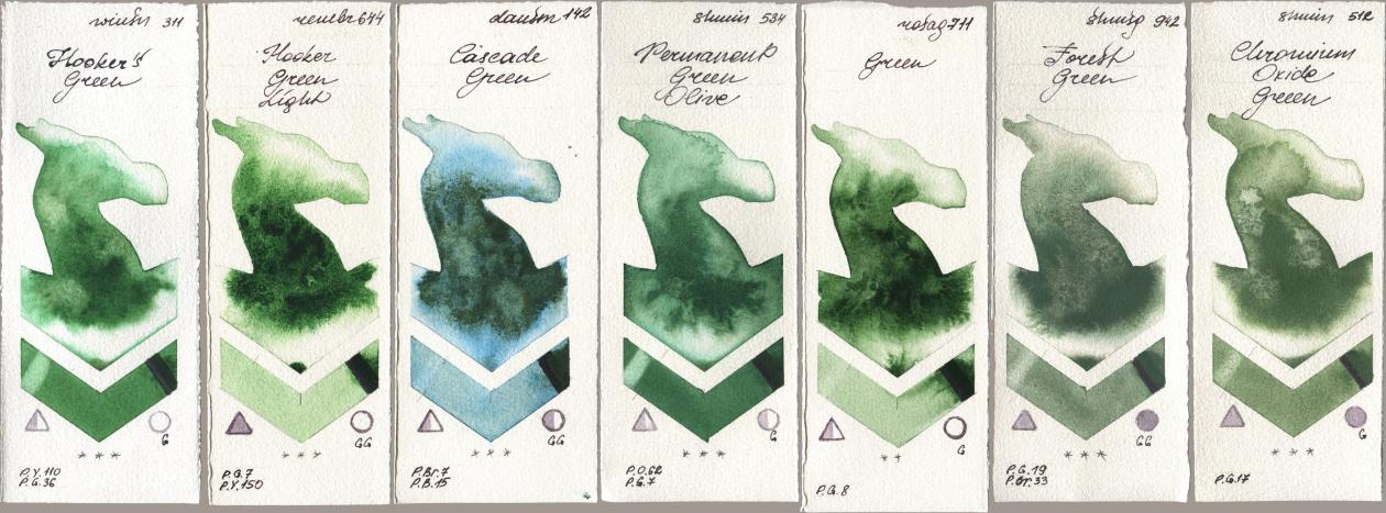 Winsor & Newton Professional 311 Hookers Green, Royal Talens Rembrandt Watercolour 644 Hooker Green Light, Daniel Smith 142 Cascade Green, Shminke Horadam Aquarell 534 Permanent Green Olive, Rosa Gallery 711 Green, 942 Forest Green, 512 Chromium Oxide Gre watercolor swatch