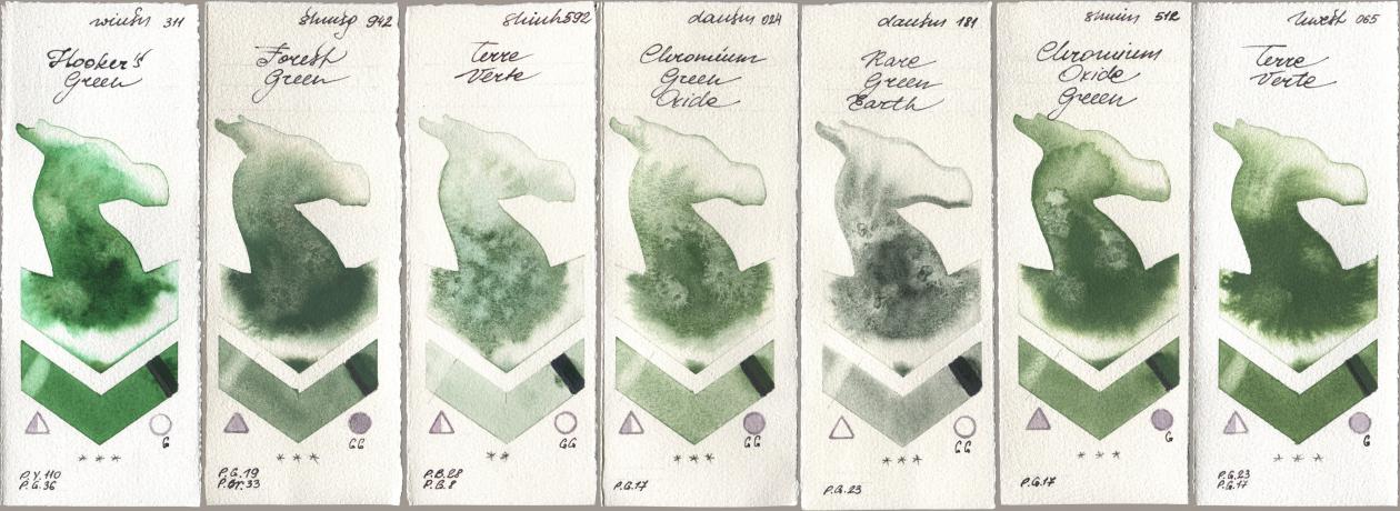 Winsor & Newton Professional 311 Hookers Green, Shminke Horadam Aquarell 942 Forest Green, Shinhan PWC 592 Terre Verte, Daniel Smith 024 Chromium Green Oxide, 181 Rare Green Earth, 512 Chromium Oxide Green, Holbein Artists Watercolor 065 Terre Ver watercolor swatch