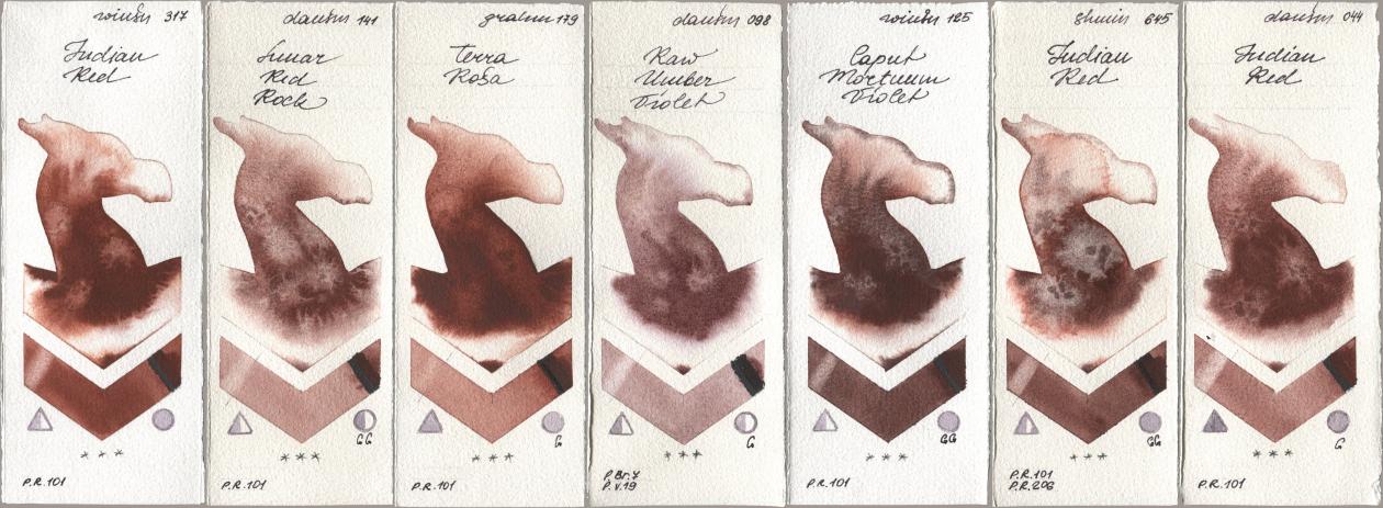Winsor & Newton Professional 317 Indian Red, Daniel Smith 141 Lunar Red Rock, M. Graham & Co. Artists 179 Terra Rosa, 098 Raw Umber Violet, 125 Caput Mortuum Violet, Shminke Horadam Aquarell 645 Indian Red, 044 Indian R watercolor swatch