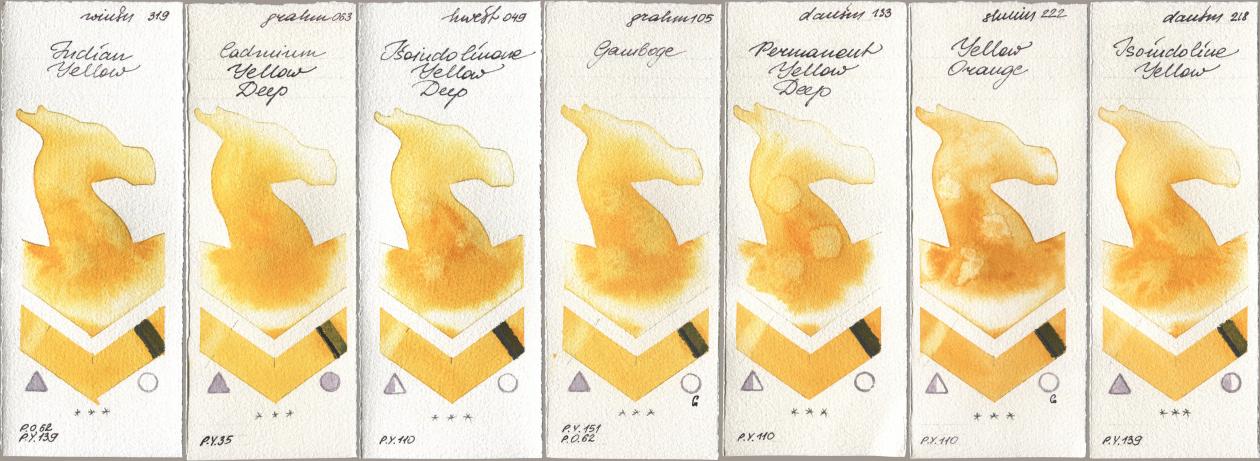 Winsor & Newton Professional 319 Indian Yellow, M. Graham & Co. Artists 063 Cadmium Yellow Deep, Holbein Artists Watercolor 049 Isoindolinone Yellow Deep, 105 Gamboge, Daniel Smith 133 Permanent Yellow Deep, Shminke Horadam Aquarell 222 Yellow Orange, 218 Isoindoline Yell watercolor swatch
