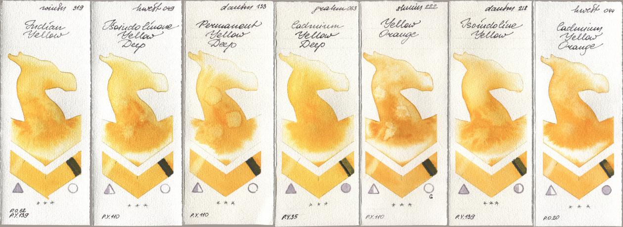Winsor & Newton Professional 319 Indian Yellow, Holbein Artists Watercolor 049 Isoindolinone Yellow Deep, Daniel Smith 133 Permanent Yellow Deep, M. Graham & Co. Artists 063 Cadmium Yellow Deep, Shminke Horadam Aquarell 222 Yellow Orange, 218 Isoindoline Yellow, 044 Cadmium Yellow Oran watercolor swatch