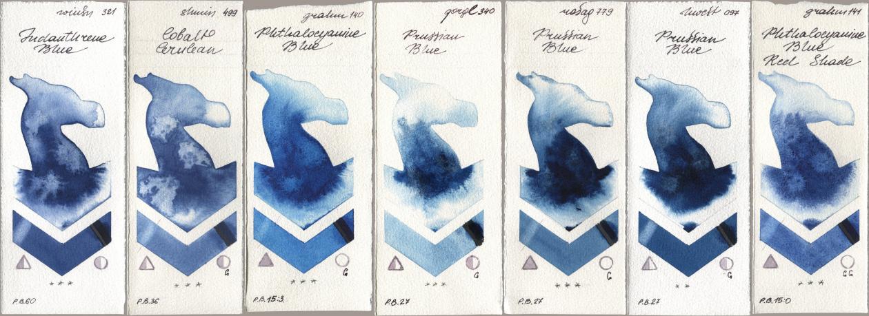 Winsor & Newton Professional 321 Indanthrene Blue, Shminke Horadam Aquarell 499 Cobalt Cerulean, M. Graham & Co. Artists 140 Phthalocyanine Blue, Golden QOR 340 Prussian Blue, Rosa Gallery 779 Prussian Blue, Holbein Artists Watercolor 097 Prussian Blue, 141 Phthalocyanine Blue Red Sha watercolor swatch