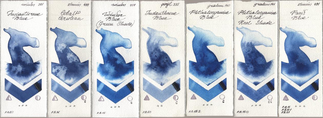 Winsor & Newton Professional 321 Indanthrene Blue, Shminke Horadam Aquarell 499 Cobalt Cerulean, 707 Winsor Blue (Green Shade), Golden QOR 335 Indanthrone Blue, M. Graham & Co. Artists 140 Phthalocyanine Blue, 141 Phthalocyanine Blue Red Shade, 491 Paris Bl watercolor swatch