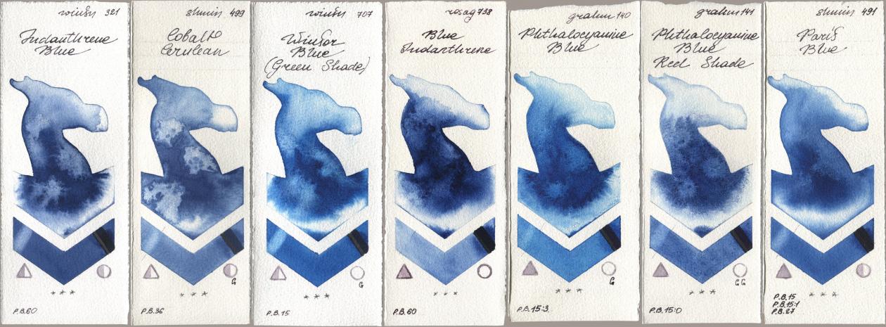 Winsor & Newton Professional 321 Indanthrene Blue, Shminke Horadam Aquarell 499 Cobalt Cerulean, 707 Winsor Blue (Green Shade), Rosa Gallery 738 Blue Indanthrene, M. Graham & Co. Artists 140 Phthalocyanine Blue, 141 Phthalocyanine Blue Red Shade, 491 Paris Bl watercolor swatch