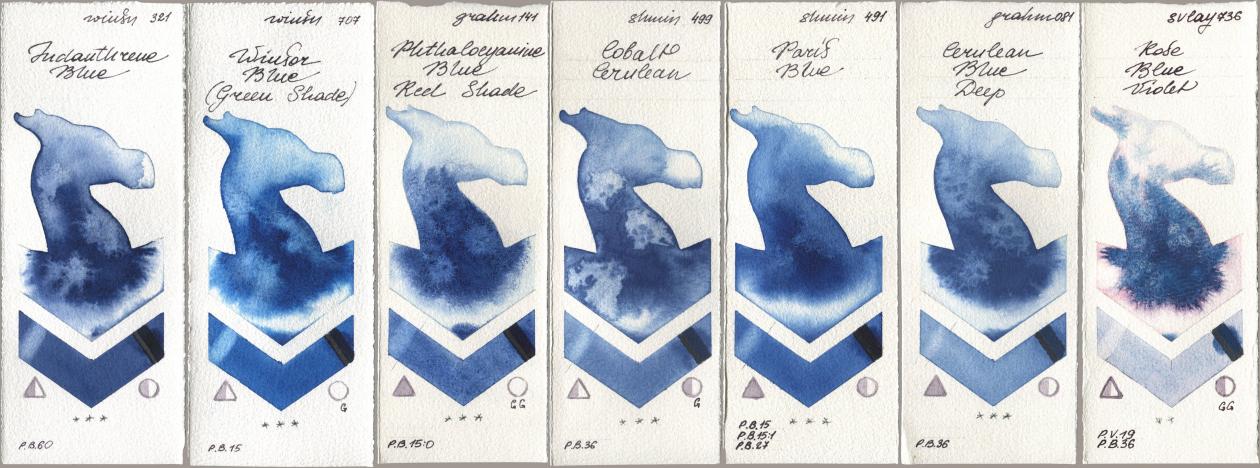 Winsor & Newton Professional 321 Indanthrene Blue, 707 Winsor Blue (Green Shade), M. Graham & Co. Artists 141 Phthalocyanine Blue Red Shade, Shminke Horadam Aquarell 499 Cobalt Cerulean, 491 Paris Blue, 081 Cerulean Blue Deep, SuperVision 736 Rose Blue Viol watercolor swatch