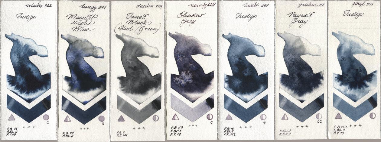 Winsor & Newton Professional 322 Indigo, Holbein Artists Watercolor 571 Moonlit Night Blue, Daniel Smith 249 Janes Black (Red/Green), Roman Szmal Aquarius 259 Shadow Grey, 098 Indigo, M. Graham & Co. Artists 128 Payne’s Gray, Golden QOR 305 Indi watercolor swatch