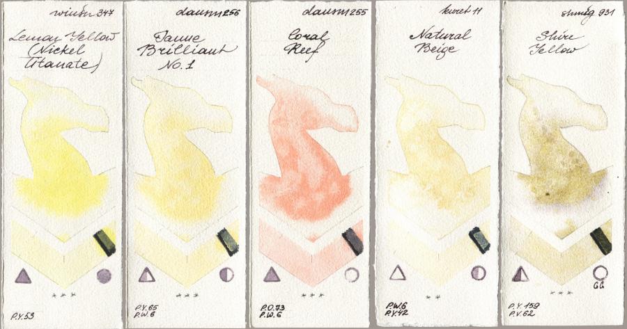 Winsor & Newton Professional 347 Lemon Yellow (Nickel Titanate) vs Daniel Smith 256 Jaune Brilliant No 1 vs 255 Coral Reef vs Kuretake Gansai Tambi 011 Natural Beige vs Shminke Horadam Aquarell 931 Shire Yellow watercolor swatch