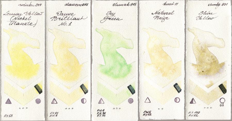 Winsor & Newton Professional 347 Lemon Yellow (Nickel Titanate) vs Daniel Smith 256 Jaune Brilliant No 1 vs Shminke Akademie Aquarell 915 Icy Green vs Kuretake Gansai Tambi 011 Natural Beige vs Shminke Horadam Aquarell 931 Shire Yellow watercolor swatch