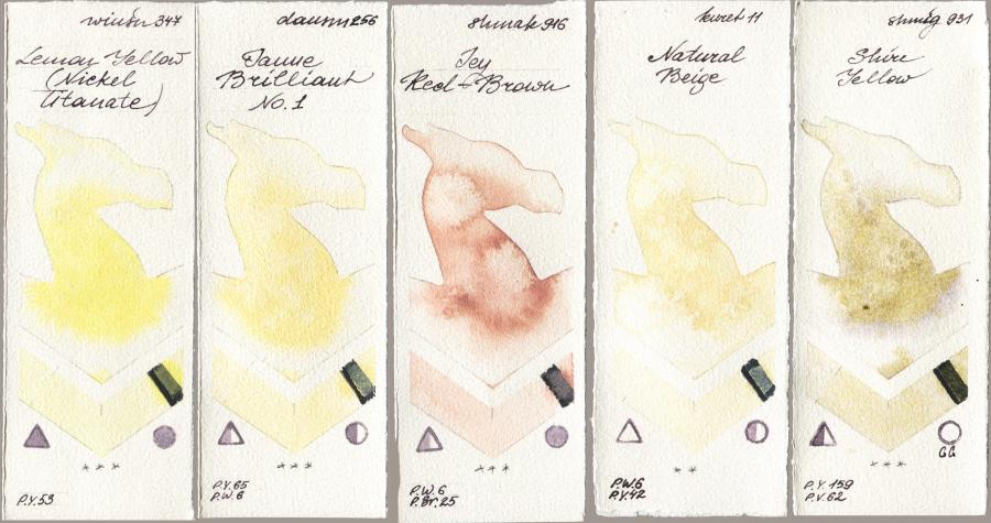 Winsor & Newton Professional 347 Lemon Yellow (Nickel Titanate) vs Daniel Smith 256 Jaune Brilliant No 1 vs Shminke Akademie Aquarell 916 Icy Red-Brown vs Kuretake Gansai Tambi 011 Natural Beige vs Shminke Horadam Aquarell 931 Shire Yellow watercolor swatch