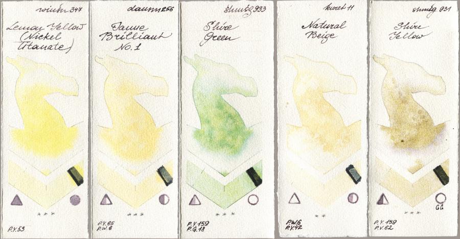 Winsor & Newton Professional 347 Lemon Yellow (Nickel Titanate) vs Daniel Smith 256 Jaune Brilliant No 1 vs Shminke Horadam Aquarell 933 Shire Green vs Kuretake Gansai Tambi 011 Natural Beige vs 931 Shire Yellow watercolor swatch