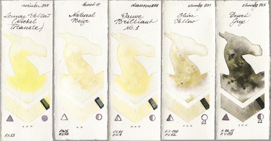 Winsor & Newton Professional 347 Lemon Yellow (Nickel Titanate) vs Kuretake Gansai Tambi 011 Natural Beige vs Daniel Smith 256 Jaune Brilliant No 1 vs Shminke Horadam Aquarell 931 Shire Yellow vs 925 Desert Grey watercolor swatch