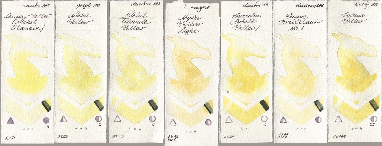 Winsor & Newton Professional 347 Lemon Yellow (Nickel Titanate), Golden QOR 100 Nickel Yellow, Daniel Smith 062 Nickel Titanate Yellow, Rosa Gallery 745 Naples Yellow Light, 006 Aureolin (Cobalt Yellow), 256 Jaune Brilliant No 1, Shminke Horadam Aquarell 911 Volcano Yell watercolor swatch
