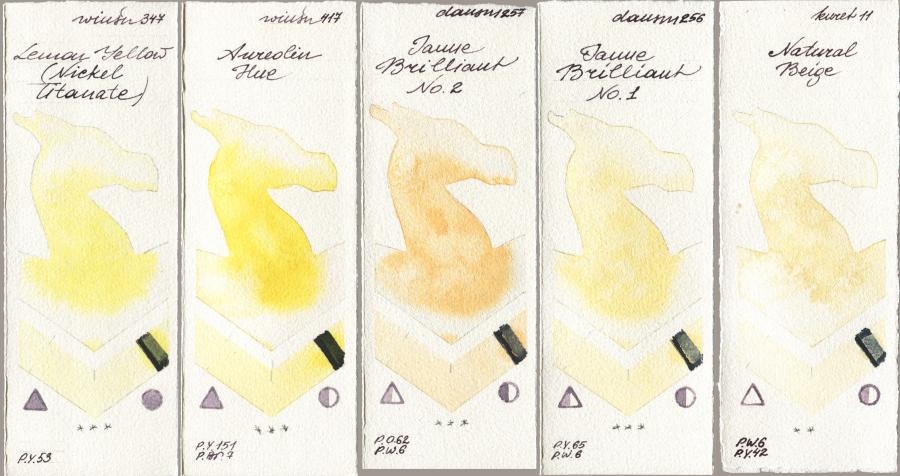 Winsor & Newton Professional 347 Lemon Yellow (Nickel Titanate) vs 417 Aureolin Hue vs Daniel Smith 257 Jaune Brilliant No 2 vs 256 Jaune Brilliant No 1 vs Kuretake Gansai Tambi 011 Natural Beige watercolor swatch