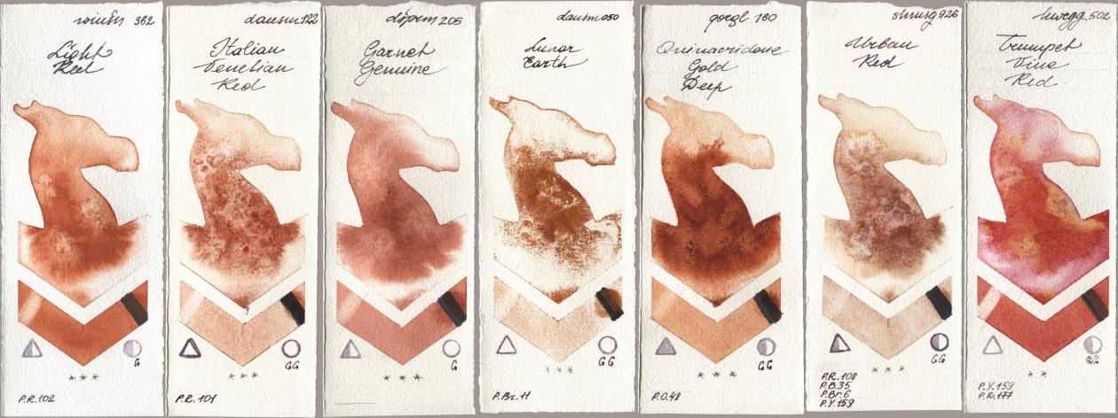 Winsor & Newton Professional 362 Light Red, Daniel Smith 122 Italian Venetian Red, 205 Garnet Genuine, 050 Lunar Earth, Golden QOR 160 Quinacridone Gold Deep, Shminke Horadam Aquarell 926 Urban Red, Holbein Artists Watercolor 502 Trumpet Vine R watercolor swatch