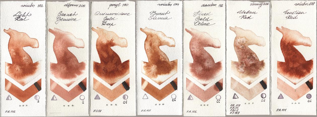 Winsor & Newton Professional 362 Light Red, Daniel Smith 205 Garnet Genuine, Golden QOR 160 Quinacridone Gold Deep, 074 Burnt Sienna, 172 Fired Gold Ochre, Shminke Horadam Aquarell 926 Urban Red, 678 Venetian R watercolor swatch