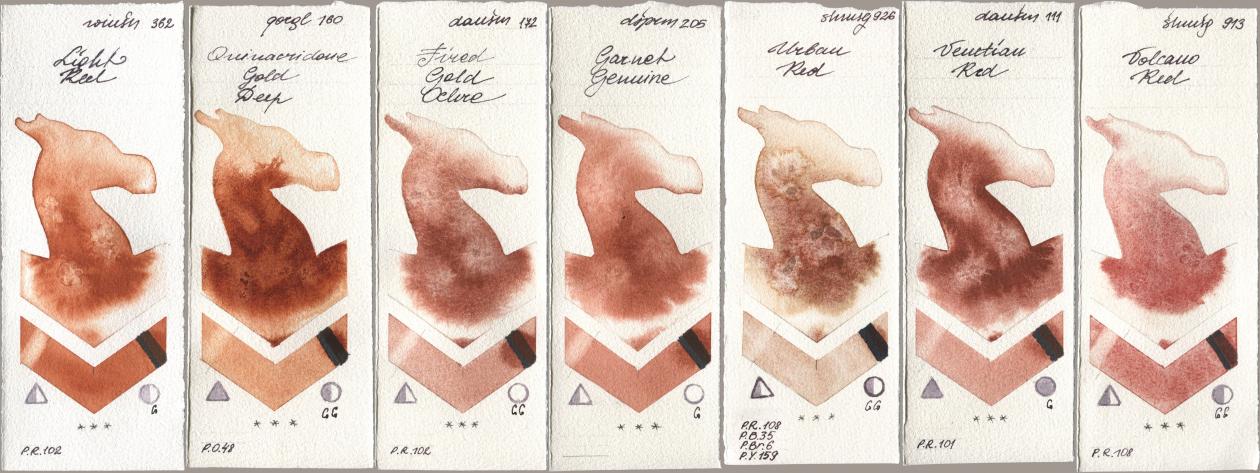 Winsor & Newton Professional 362 Light Red, Golden QOR 160 Quinacridone Gold Deep, Daniel Smith 172 Fired Gold Ochre, 205 Garnet Genuine, Shminke Horadam Aquarell 926 Urban Red, 111 Venetian Red, 913 Volcano R watercolor swatch