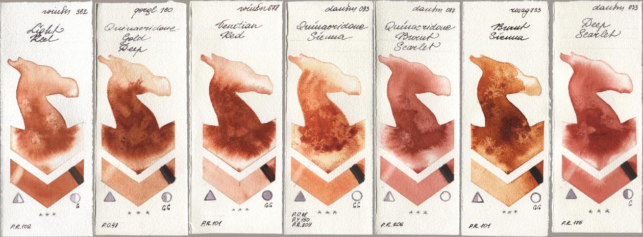 Winsor & Newton Professional 362 Light Red, Golden QOR 160 Quinacridone Gold Deep, 678 Venetian Red, Daniel Smith 093 Quinacridone Sienna, 087 Quinacridone Burnt Scarlet, Rosa Gallery 733 Burnt Sienna, 033 Deep Scarl watercolor swatch