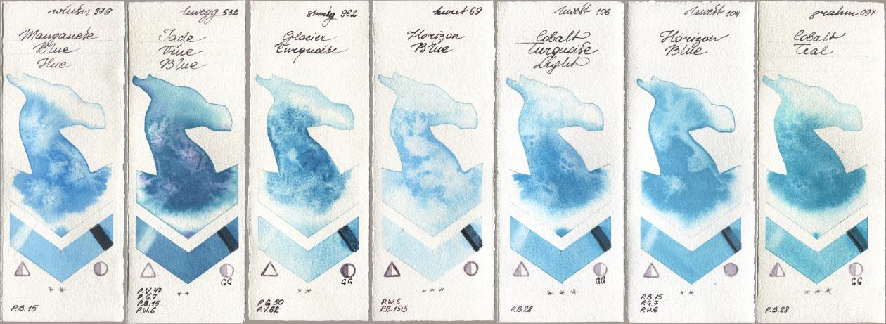 Winsor & Newton Professional 379 Manganese Blue Hue, Holbein Artists Watercolor 532 Jade Vine Blue, Shminke Horadam Aquarell 962 Glacier Turquoise, Kuretake Gansai Tambi 069 Horizon Blue, 106 Cobalt Turquoise Light, 104 Horizon Blue, M. Graham & Co. Artists 097 Cobalt Te watercolor swatch