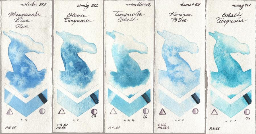 Winsor & Newton Professional 379 Manganese Blue Hue, Shminke Horadam Aquarell 962 Glacier Turquoise, Maimeri Blu 412 Turquoise Cobalt, Kuretake Gansai Tambi 069 Horizon Blue, Rosa Gallery 741 Cobalt Turquoi watercolor swatch