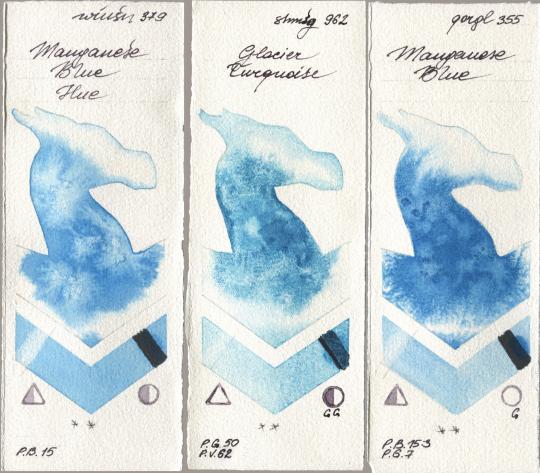 Winsor & Newton Professional 379 Manganese Blue Hue, Shminke Horadam Aquarell 962 Glacier Turquoise, Golden QOR 355 Manganese Bl watercolor swatch