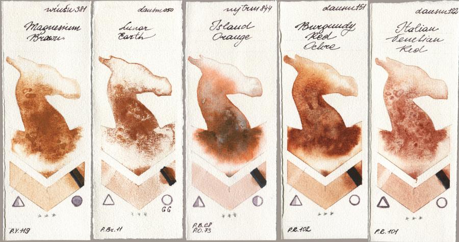 Winsor & Newton Professional 381 Magnesuim Brown vs Daniel Smith 050 Lunar Earth vs Mijello Mission Gold 844 Island Orange vs 151 Burgundy Red Ochre vs 122 Italian Venetian Red watercolor swatch