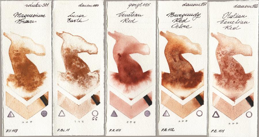 Winsor & Newton Professional 381 Magnesuim Brown vs Daniel Smith 050 Lunar Earth vs Golden QOR 465 Venetian Red vs 151 Burgundy Red Ochre vs 122 Italian Venetian Red watercolor swatch