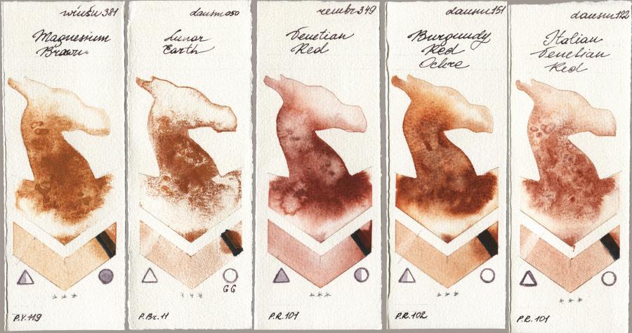 Winsor & Newton Professional 381 Magnesuim Brown vs Daniel Smith 050 Lunar Earth vs Royal Talens Rembrandt Watercolour 349 Venerian Red vs 151 Burgundy Red Ochre vs 122 Italian Venetian Red watercolor swatch