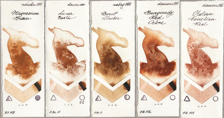 Winsor & Newton Professional 381 Magnesuim Brown vs Daniel Smith 050 Lunar Earth vs Rosa Gallery 746 Burnt Umber vs 151 Burgundy Red Ochre vs 122 Italian Venetian Red watercolor swatch