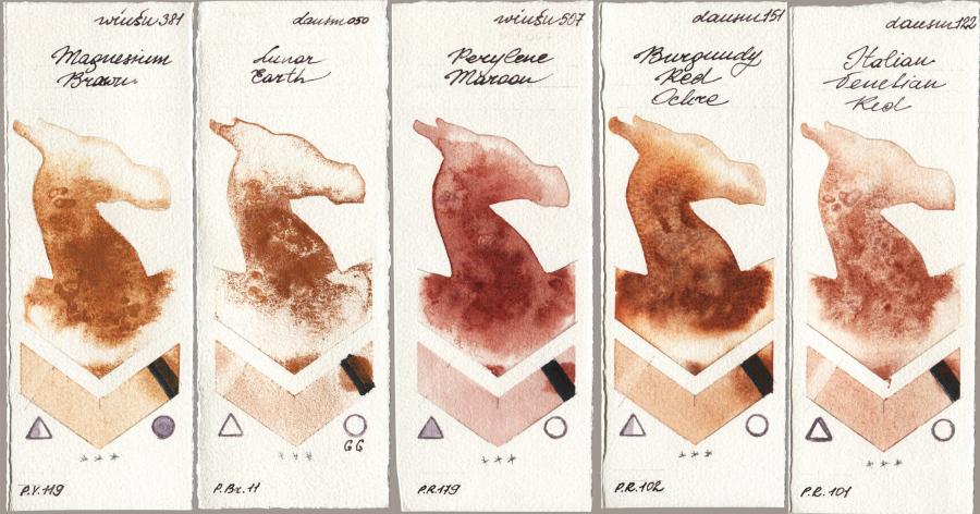 Winsor & Newton Professional 381 Magnesuim Brown vs Daniel Smith 050 Lunar Earth vs 507 Perylene Maroon vs 151 Burgundy Red Ochre vs 122 Italian Venetian Red watercolor swatch