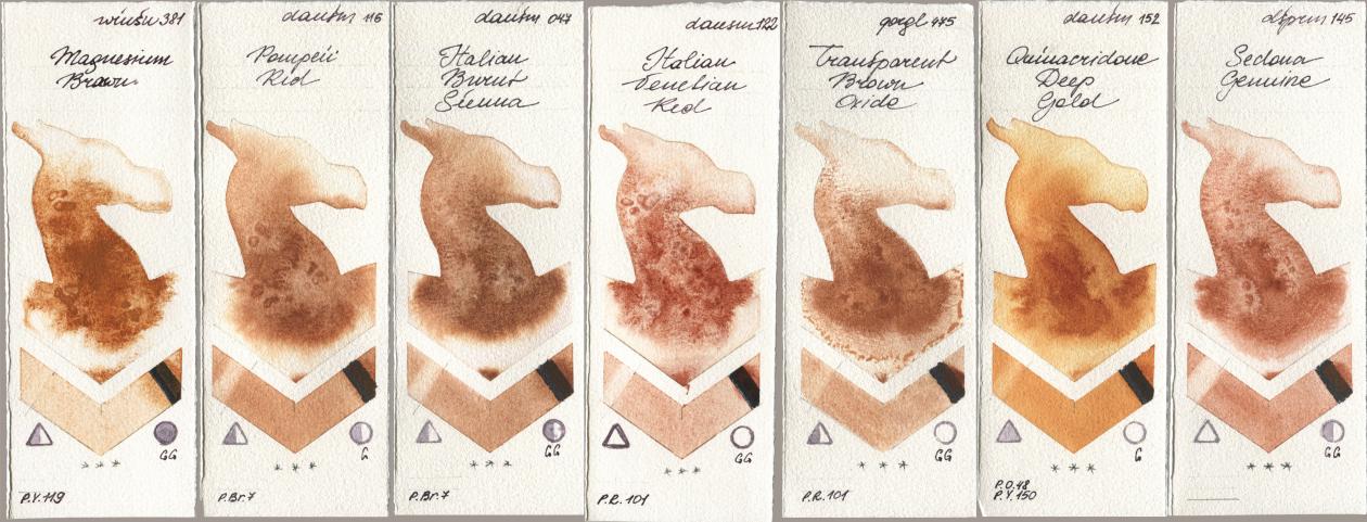Winsor & Newton Professional 381 Magnesuim Brown, Daniel Smith 116 Pompeii Red, 047 Italian Burnt Sienna, 122 Italian Venetian Red, Golden QOR 475 Transparent Brown Oxide, 152 Quinacridone Deep Gold, 145 Sedona Genui watercolor swatch
