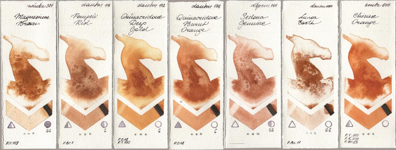 Winsor & Newton Professional 381 Magnesuim Brown, Daniel Smith 116 Pompeii Red, 152 Quinacridone Deep Gold, 086 Quinacridone Burnt Orange, 145 Sedona Genuine, 050 Lunar Earth, Sennelier l Aquarelle 645 Chinese Oran watercolor swatch