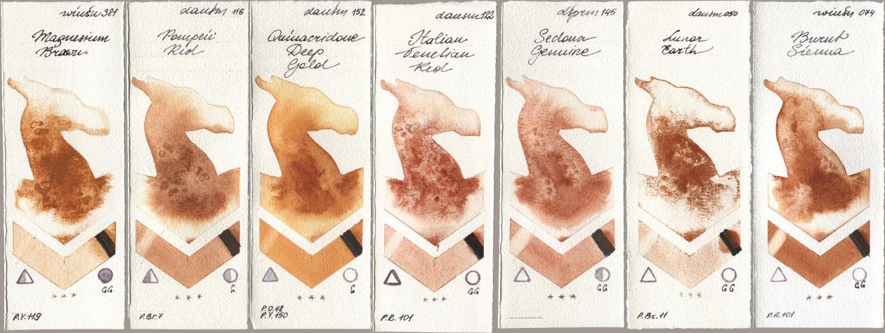 Winsor & Newton Professional 381 Magnesuim Brown, Daniel Smith 116 Pompeii Red, 152 Quinacridone Deep Gold, 122 Italian Venetian Red, 145 Sedona Genuine, 050 Lunar Earth, 074 Burnt Sien watercolor swatch