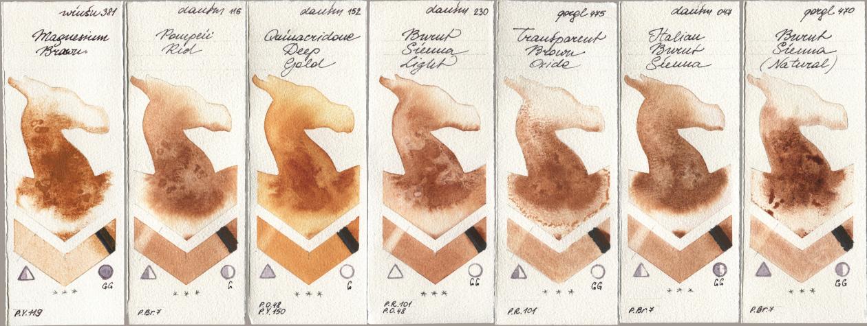 Winsor & Newton Professional 381 Magnesuim Brown, Daniel Smith 116 Pompeii Red, 152 Quinacridone Deep Gold, 230 Burnt Sienna Light, Golden QOR 475 Transparent Brown Oxide, 047 Italian Burnt Sienna, 470 Burnt Sienna (Natura watercolor swatch