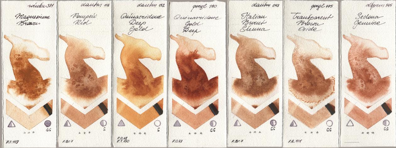 Winsor & Newton Professional 381 Magnesuim Brown, Daniel Smith 116 Pompeii Red, 152 Quinacridone Deep Gold, Golden QOR 160 Quinacridone Gold Deep, 047 Italian Burnt Sienna, 475 Transparent Brown Oxide, 145 Sedona Genui watercolor swatch
