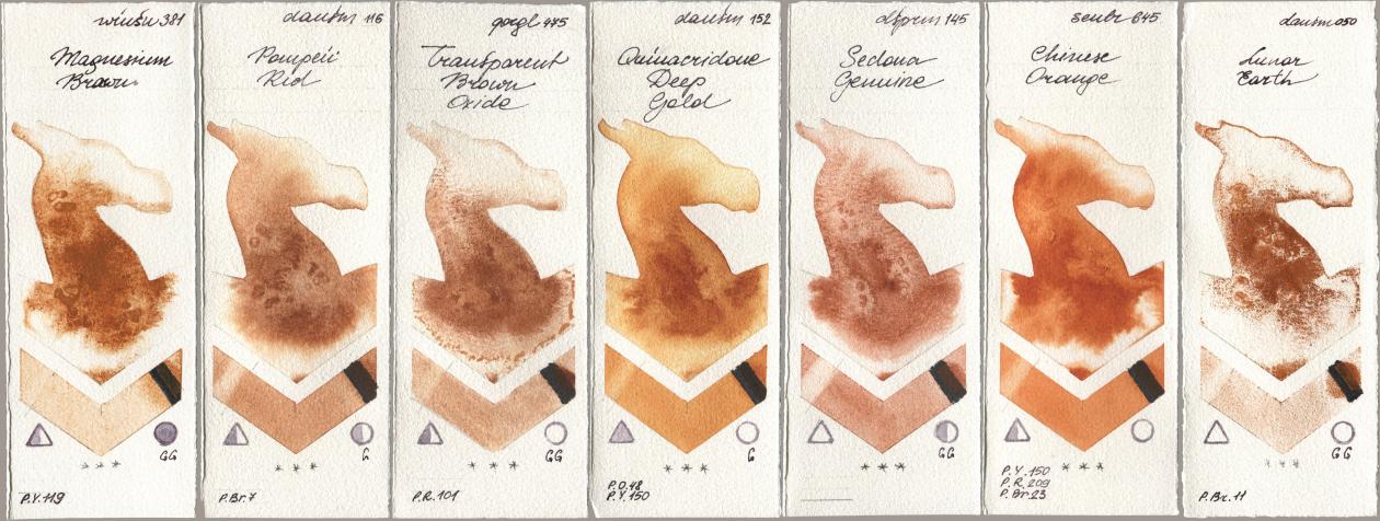 Winsor & Newton Professional 381 Magnesuim Brown, Daniel Smith 116 Pompeii Red, Golden QOR 475 Transparent Brown Oxide, 152 Quinacridone Deep Gold, 145 Sedona Genuine, Sennelier l Aquarelle 645 Chinese Orange, 050 Lunar Ear watercolor swatch