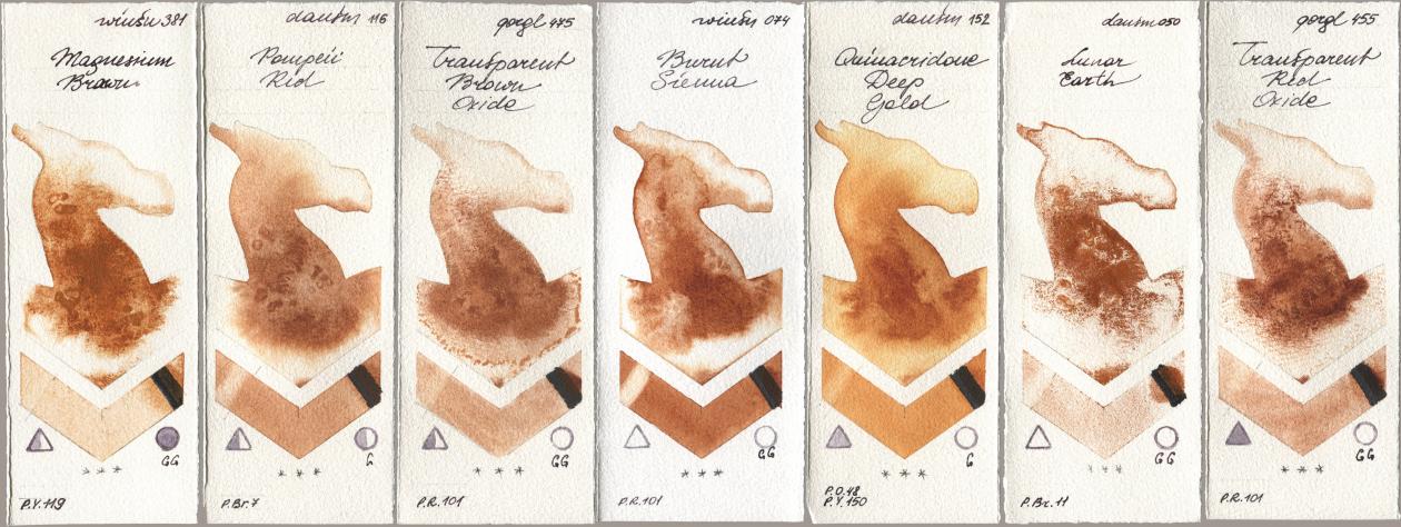 Winsor & Newton Professional 381 Magnesuim Brown, Daniel Smith 116 Pompeii Red, Golden QOR 475 Transparent Brown Oxide, 074 Burnt Sienna, 152 Quinacridone Deep Gold, 050 Lunar Earth, 455 Transparent Red Oxi watercolor swatch