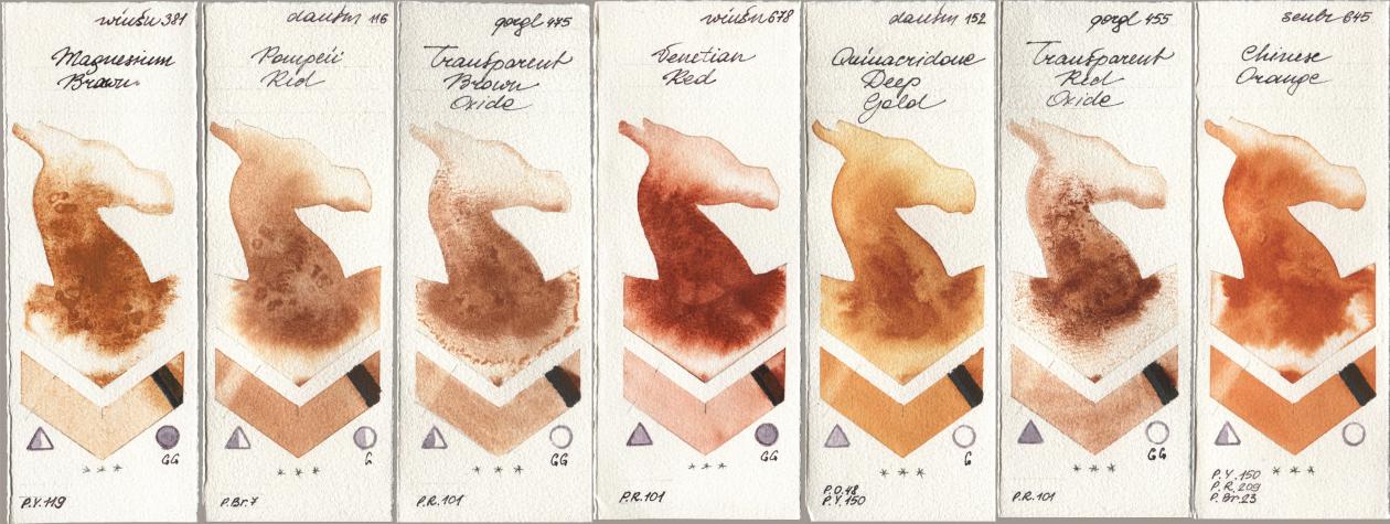 Winsor & Newton Professional 381 Magnesuim Brown, Daniel Smith 116 Pompeii Red, Golden QOR 475 Transparent Brown Oxide, 678 Venetian Red, 152 Quinacridone Deep Gold, 455 Transparent Red Oxide, Sennelier l Aquarelle 645 Chinese Oran watercolor swatch