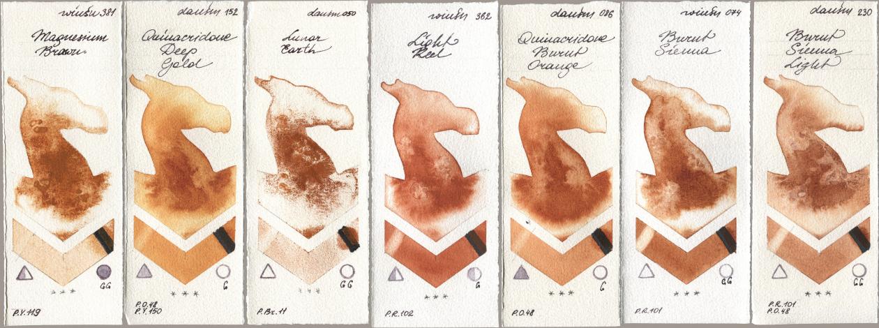 Winsor & Newton Professional 381 Magnesuim Brown, Daniel Smith 152 Quinacridone Deep Gold, 050 Lunar Earth, 362 Light Red, 086 Quinacridone Burnt Orange, 074 Burnt Sienna, 230 Burnt Sienna Lig watercolor swatch