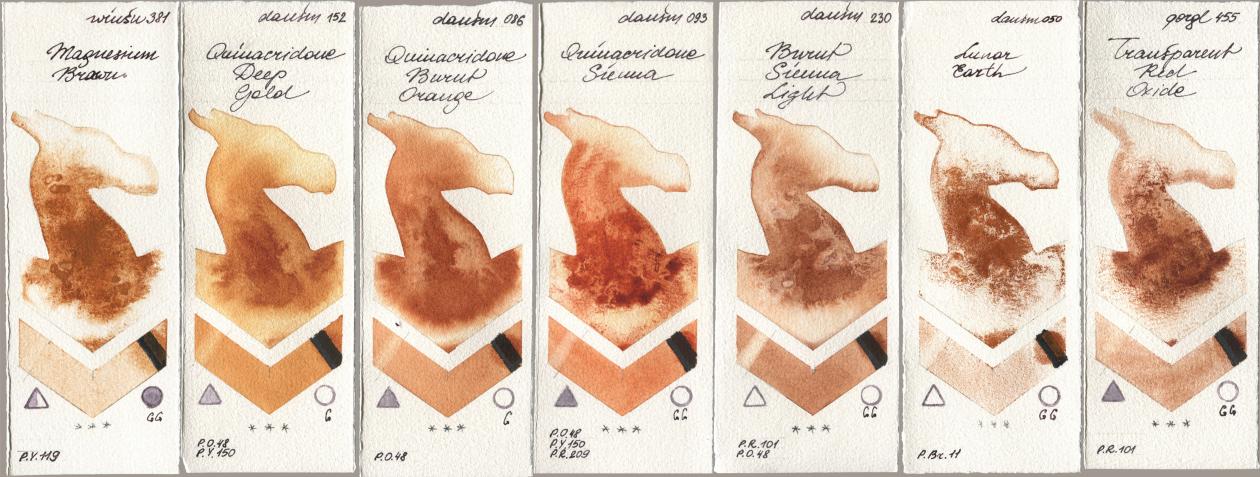 Winsor & Newton Professional 381 Magnesuim Brown, Daniel Smith 152 Quinacridone Deep Gold, 086 Quinacridone Burnt Orange, 093 Quinacridone Sienna, 230 Burnt Sienna Light, 050 Lunar Earth, Golden QOR 455 Transparent Red Oxi watercolor swatch