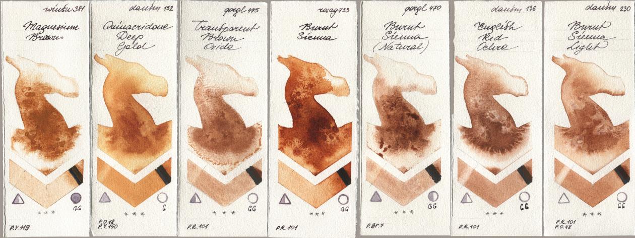 Winsor & Newton Professional 381 Magnesuim Brown, Daniel Smith 152 Quinacridone Deep Gold, Golden QOR 475 Transparent Brown Oxide, Rosa Gallery 733 Burnt Sienna, 470 Burnt Sienna (Natural), 136 English Red Ochre, 230 Burnt Sienna Lig watercolor swatch