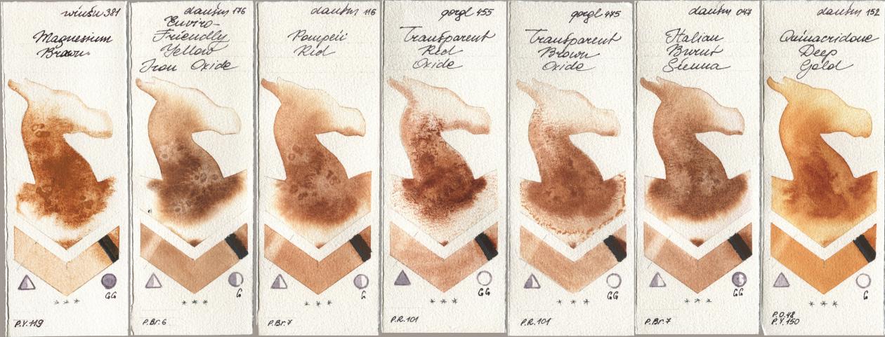 Winsor & Newton Professional 381 Magnesuim Brown, Daniel Smith 176 Enviro-Friendly Yellow Iron Oxide, 116 Pompeii Red, Golden QOR 455 Transparent Red Oxide, 475 Transparent Brown Oxide, 047 Italian Burnt Sienna, 152 Quinacridone Deep Go watercolor swatch