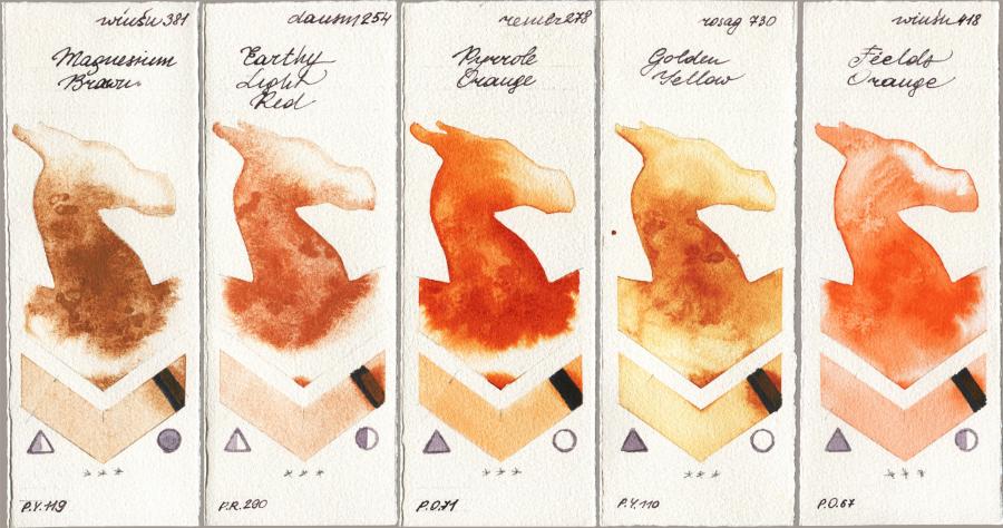 Winsor & Newton Professional 381 Magnesuim Brown vs Daniel Smith 254 Earthy Light Red vs Royal Talens Rembrandt Watercolour 278 Pyrrole Orange vs Rosa Gallery 730 Golden Yellow vs 418 Fields Orange watercolor swatch